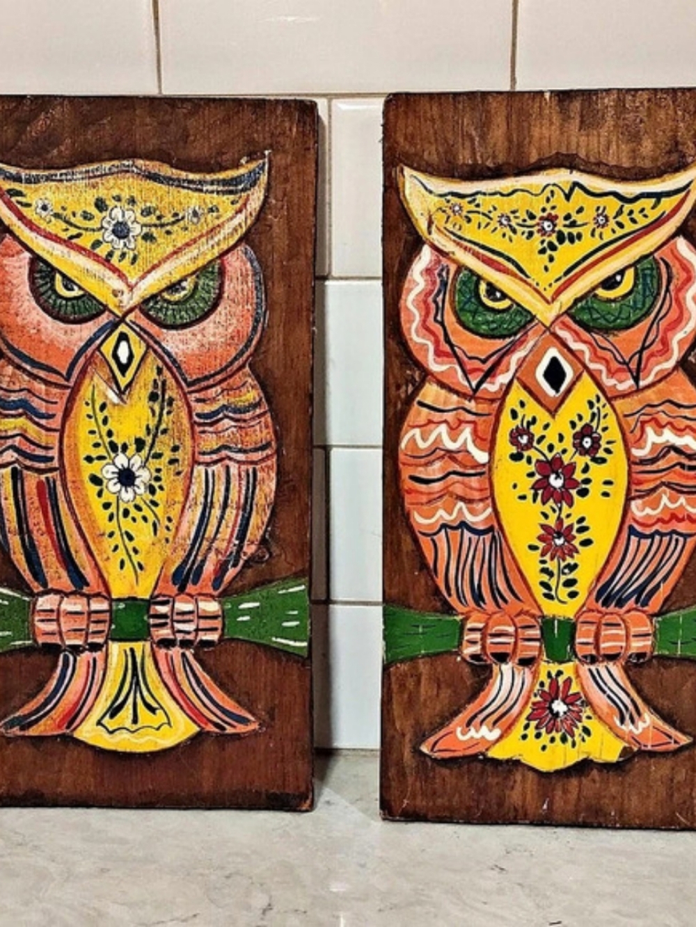 vintage hand-painted Carved wood owl plaques mid-century owl wall decor.
